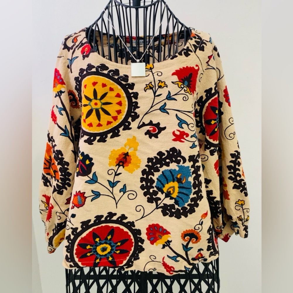 Cellabie Boho Floral Beige Print Top Size L